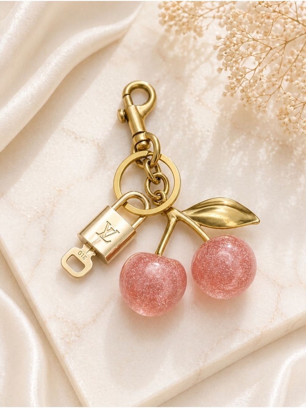 Authentic Louis Vuitton Gold Lock & Key with Unbranded Pink Cherry Bagcharm